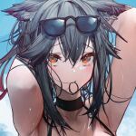  1girl alternate_costume alternate_hairstyle animal_ears arknights beach betabeet bikini bikini_bottom bikini_top breasts cleavage commission hair_ribbon messy_hair mouth_hold ocean ribbon ribbon_in_mouth shorts shorts_removed slippers solo swimsuit sword texas_(arknights) weapon wet wolf_ears wolf_girl 