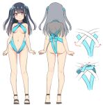  1girl arrow_(symbol) ass back bangs bare_arms bare_legs bare_shoulders black_footwear black_hair blue_bow blue_scrunchie blue_swimsuit blush bow breasts closed_mouth commentary_request eyebrows_visible_through_hair hair_ornament hair_scrunchie hatsunatsu long_hair looking_at_viewer medium_breasts multiple_views naked_ribbon original purple_eyes ribbon sandals scrunchie simple_background slingshot_swimsuit smile standing swimsuit turnaround two_side_up white_background x-ray 