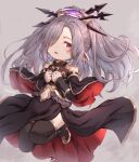  1girl bare_shoulders black_legwear clothing_cutout detached_sleeves granblue_fantasy grey_hair hair_ornament hair_over_one_eye harvin khell long_hair navel navel_cutout nio_(granblue_fantasy) parted_lips pointy_ears red_eyes simple_background solo thighhighs watermark 