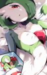  1girl :o aloe_(kenkou3733) blush breasts brown_hair collarbone commentary_request gardevoir gen_3_pokemon green_hair hair_ornament highres looking_at_viewer lying on_back pillow pokemon pokemon_(creature) red_eyes short_hair sleeping small_breasts zzz 