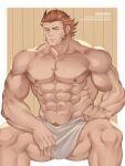  1boy abs absurdres bara bare_pectorals brown_hair character_request feet_out_of_frame granblue_fantasy highres large_pectorals long_sideburns looking_at_viewer male_focus mature_male muscular muscular_male naked_towel navel nipples one_eye_closed pectorals pubic_hair pubic_hair_peek sauna short_hair sideburns sitting smile solo spread_legs stomach sweat thick_thighs thighs towel zagghov 