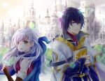  1boy 1girl artist_name bangs black_gloves blue_eyes blue_hair blue_scarf blurry blurry_background blush book book_hug bridal_gauntlets cape castle commentary depth_of_field dress elbow_gloves fingerless_gloves fire_emblem fire_emblem:_radiant_dawn gloves hair_ribbon half_updo holding holding_book light_particles long_hair looking_at_another looking_back micaiah_(fire_emblem) outdoors pelleas_(fire_emblem) ribbon robe scarf silver_hair sleeveless sleeveless_dress smile sunlight sunrise turtleneck yellow_eyes yuyu_(spika) 