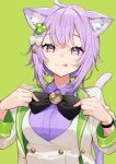  1girl :3 :q absurdres adjusting_neckwear animal_ears bangs black_bow black_neckwear bow bowtie breasts cat_ears cat_girl cat_tail closed_mouth collared_shirt eyebrows_visible_through_hair food-themed_hair_ornament grape_hair_ornament green_background hair_bow hair_ornament highres hololive jacket long_sleeves looking_at_viewer medium_breasts nekomata_okayu open_clothes open_jacket purple_eyes purple_hair purple_shirt shirt short_hair simple_background smile solo tail tongue tongue_out upper_body virtual_youtuber white_bow white_jacket wristband yuu_(higashi_no_penguin) 
