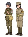  2girls adrian_helmet anyan_(jooho) armband arms_behind_back bag belt belt_pouch black_hair brown_eyes brown_footwear brown_headwear brown_jacket brown_pants chin_strap closed_mouth commentary_request full_body grey_headwear hair_over_shoulder hat helmet highres jacket korean_commentary leg_wrap medic medium_hair military military_rank_insignia military_uniform multiple_girls multiple_sources original pants ponytail pouch red_cross satchel short_hair simple_background smile standing thai_army uniform white_background world_war_i 