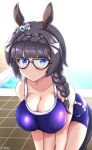  1girl animal_ears bent_over black_hair blue_eyes breasts cleavage collarbone commentary_request glasses hair_ornament highres horse_ears horse_girl horse_tail isemagu large_breasts pool school_swimsuit solo swimsuit tail umamusume wet zenno_rob_roy_(umamusume) 