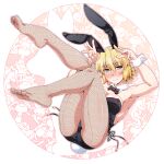  1girl alternate_costume animal_ears armpits ass bangs black_bow black_leotard black_neckwear blonde_hair blush bow bowtie breasts bunny_day cleavage closed_mouth commentary detached_collar fake_animal_ears fake_tail feet fishnet_legwear fishnets full_body green_eyes leotard looking_at_viewer medium_breasts mizuhashi_parsee no_shoes nose_blush ootsuki_wataru pantyhose playboy_bunny pointy_ears rabbit_ears rabbit_tail short_hair smile solo strapless strapless_leotard tail touhou wrist_cuffs 