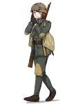  1girl adjusting_clothes adjusting_headwear anyan_(jooho) austria-hungary bag belt black_gloves blue_eyes brown_footwear brown_hair brown_headwear english_commentary explosive full_body gloves grenade grey_jacket grey_pants gun helmet highres jacket leg_wrap long_sleeves looking_at_viewer medal military military_uniform original pants rifle satchel shoes smile solo stick_grenade uniform walking weapon world_war_i 