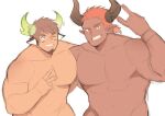  2boys animal_ears bara brown_eyes brown_hair clayten completely_nude cow_boy cow_ears crossover dark-skinned_male dark_skin draph facial_hair fiery_horns forked_eyebrows glowing_horns goatee grin horns lantana_(granblue_fantasy) large_pectorals looking_at_viewer male_focus multiple_boys muscular muscular_male nude one_eye_closed orange_hair out-of-frame_censoring pectoral_docking pectoral_press pectorals pointy_ears short_hair sideburns smile spiked_hair thick_eyebrows tokyo_houkago_summoners v wakan_tanka white_background 