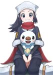  1girl akari_(pokemon) black_hair black_legwear black_undershirt blush commentary_request eyelashes gen_5_pokemon grey_eyes head_scarf highres jacket knees_together_feet_apart long_hair looking_at_viewer loose_socks on_lap oshawott own_hands_together pantyhose pokemon pokemon_(creature) pokemon_(game) pokemon_legends:_arceus pokemon_on_lap ponytail red_scarf ricky_(pasta_00) scarf sidelocks sitting smile white_background white_headwear white_legwear 