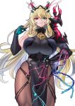  1girl asakou_(n_morninglight) blonde_hair bodystocking breasts cowboy_shot fairy_knight_gawain_(fate) fate/grand_order fate_(series) green_eyes heterochromia highres horns huge_breasts long_hair looking_at_viewer muscular muscular_female n_morninglight pantyhose pelvic_curtain red_eyes solo 
