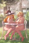  2girls alice_margatroid areolae barefoot black_headwear blonde_hair blush braid breasts bush chair commentary_request completely_nude cup day drinking drinking_glass drinking_straw feet female_pubic_hair full_body garden grass green_eyes hairband hat highres house kirisame_marisa large_areolae large_breasts legs long_hair looking_at_viewer multiple_girls nail_polish navel nipple_tweak nipples nude on_chair outdoors pubic_hair puffy_nipples red_hairband senmuts short_hair single_braid sitting sunlight sweat table toenail_polish toenails toes touhou tree window witch_hat yellow_eyes yuri 