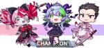  1boy 2girls absurdres ahoge apex_legends apron black_dress blue_eyes blue_hair bsapricot bsapricot_(vtuber) chibi colored_skin crossdressing double_bun dress english_commentary facial_hair fang fangs fingerless_gloves gloves green_eyes green_hair grey_hair grey_skin hair_behind_ear highres holding holding_sword holding_weapon hololive hololive_indonesia horns kureiji_ollie maid maid_apron multicolored_hair multiple_girls multiple_horns otoko_no_ko patchwork_skin pink_dress pink_hair pointy_ears red_gloves red_hair rpr scarz short_hair_with_long_locks skin_fang smile stitched_face streaked_hair stubble sword tiara torn_clothes torn_dress twitter_username v-shaped_eyebrows virtual_youtuber vshojo weapon zombie 