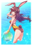  1girl :d absurdres animal_ears arched_back ass back ball bangs bare_shoulders beachball border breasts brown_eyes brown_hair brown_swimsuit commentary_request floating_hair from_side hand_in_hair highres iesupa leaning_forward long_hair looking_at_viewer one-piece_swimsuit open_mouth rabbit_ears rabbit_girl rabbit_tail rwby scrunchie smile swimsuit tail velvet_scarlatina wading water white_border wrist_scrunchie 
