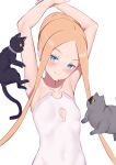  1girl abigail_williams_(fate) abigail_williams_(swimsuit_foreigner)_(fate) absurdres armpits arms_up bangs bare_shoulders blonde_hair blue_eyes blush breasts cat collarbone covered_navel fate/grand_order fate_(series) forehead hair_bun highres jilu keyhole long_hair looking_at_viewer one-piece_swimsuit parted_bangs sidelocks small_breasts smile swimsuit very_long_hair white_swimsuit 