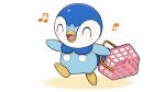  basket blush closed_eyes commentary_request creature gen_4_pokemon holding holding_basket leg_up musical_note no_humans official_art open_mouth piplup pokemon pokemon_(creature) project_pochama solo standing toes tongue 