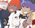  3boys bangs baseball_cap black_hair black_hoodie bright_pupils cape champion_uniform closed_mouth commentary_request dark-skinned_male dark_skin earrings facial_hair frown fur-trimmed_cape fur_trim gen_4_pokemon grin hair_over_one_eye hand_on_another&#039;s_shoulder hand_up hat highres hood hoodie jacket jewelry leon_(pokemon) long_hair male_focus multicolored_hair multiple_boys one_eye_closed piers_(pokemon) pokemon pokemon_(game) pokemon_swsh pose purple_hair raihan_(pokemon) red_cape rotom rotom_phone shirt short_hair smile sweatdrop taking_picture teeth tudurimike two-tone_hair undercut w white_hair white_jacket white_pupils yellow_eyes 