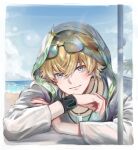  1boy animal_ears arknights beach blonde_hair blue_eyes closed_mouth day dog_boy dog_ears earrings hood hood_up hooded_jacket jacket jewelry looking_at_viewer male_focus mina_(o414) necklace open_clothes outdoors shirt short_hair smile solo sunglasses tequila_(arknights) white_jacket wristband 