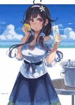  1girl ahoge black_skirt blush breasts cleavage collarbone cup day drink drinking_glass eyebrows_visible_through_hair flower food fruit grey_hairband hair_flaps hairband highres holding holding_cup holding_food holding_fruit ice kantai_collection large_breasts lemon long_hair low_twintails parted_lips purple_hair red_eyes shirt short_sleeves skirt solo sugue_tettou taigei_(kancolle) twintails white_flower white_shirt 