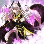  1girl black_kimono dragon_girl dragon_horns fate/grand_order fate_(series) forked_tongue grey_hair horns japanese_clothes kimono kiyohime_(fate) long_hair long_tongue multiple_horns obi red_eyes sash solo standing thighhighs tongue tongue_out totororo white_legwear wide_sleeves 