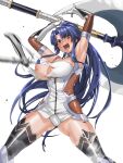  1girl :o angry armpits arms_up ass_visible_through_thighs axe bangs battle_axe blue_hair blush bodysuit breasts elbow_gloves fishnet_gloves fishnets gloves high_ponytail highres hohahiida holding holding_axe holding_weapon huge_weapon knee_guards large_breasts long_hair lower_teeth nipples open_mouth parted_bangs ponytail purple_eyes side_cutout sidelocks simple_background sleeveless solo taimanin_(series) taimanin_murasaki taimanin_suit thick_thighs thighhighs thighs tongue torn_bodysuit torn_clothes upper_teeth very_long_hair weapon white_background yatsu_murasaki 
