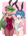  2girls ;d absurdres alternate_costume animal_ears bangs blue_eyes blue_hair blush breasts bright_pupils commentary dark-skinned_female dark_skin detached_collar eyebrows_visible_through_hair eyelashes fake_animal_ears flower green_eyes green_hair hair_flower hair_ornament hairband hand_up highres holding holding_tray lana_(pokemon) leotard long_hair looking_at_viewer mallow_(pokemon) multiple_girls one_eye_closed open_mouth pantyhose pink_flower playboy_bunny pokemon pokemon_(game) pokemon_sm rabbit_ears rabbit_tail red_leotard smile squid_neetommy swept_bangs tail thighs tied_hair tongue tray twintails v white_leotard white_pupils wrist_cuffs yellow_hairband 