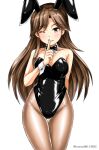  1girl animal_ears arashio_(kancolle) black_leotard black_neckwear bow bowtie breasts brown_eyes brown_hair brown_legwear cleavage commentary_request cowboy_shot detached_collar finger_to_mouth hand_on_hip kantai_collection kudou_(ooabareteng) leotard long_hair looking_at_viewer medium_breasts one-hour_drawing_challenge one_eye_closed pantyhose parted_lips playboy_bunny rabbit_ears solo standing strapless strapless_leotard thigh_gap twitter_username white_background wrist_cuffs 