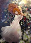  1girl arm_at_side arm_up bangs blurry blurry_background blurry_foreground blush brown_headwear closed_mouth commentary_request depth_of_field dress emma_(yakusoku_no_neverland) eyebrows_visible_through_hair feet_out_of_frame flower green_eyes hair_between_eyes hand_on_headwear hat kinokohime long_dress long_sleeves looking_at_viewer medium_hair orange_hair see-through_silhouette solo standing straw_hat white_dress yakusoku_no_neverland 