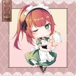  1girl apron chibi chucolala coffee_cup coffee_pot cup disposable_cup green_eyes hair_between_eyes hiseki_erio long_hair looking_at_viewer maid maid_apron maid_headdress one_eye_closed ponytail red_hair shiro_kuma_shake smile solo virtual_youtuber 