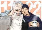  2boys beard black_hair blush casual cat cigar coffee_mug contemporary couple cup dog facial_hair goatee heads_together jaguar_print kokorozashi leaning_on_person long_sideburns male_focus mature_male mug multiple_boys newspaper one_piece short_hair sideburns smile smoker_(one_piece) smoking stubble trafalgar_law white_hair yaoi 