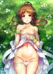  1girl :d bangs breasts brown_eyes brown_hair cameltoe dress female_pubic_hair grass highres idolmaster idolmaster_cinderella_girls looking_at_viewer lying ment navel nipples on_back open_mouth outdoors panties pubic_hair small_breasts smile solo sweat takamori_aiko underwear white_dress white_panties 