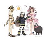  3girls animal_ears anklet arknights barefoot barefoot_sandals bikini black_sheep blonde_hair boots brown_hair closed_eyes dated embarrassed emoji eyjafjalla_(arknights) eyjafjalla_(summer_flowers)_(arknights) fire_helmet fire_jacket firefighter flower flower_necklace frown hand_on_hip highres holding holding_staff horns ifrit_(arknights) ifrit_(sunburn)_(arknights) infection_monitor_(arknights) jacket jewelry knee_pads leg_garter long_hair multiple_girls necklace off-shoulder_bikini off_shoulder official_alternate_costume open_mouth oripathy_lesion_(arknights) pink_bikini pink_flower pink_swimsuit plaid plaid_bikini platinum_blonde_hair sandals shaw_(arknights) sheep sheep_ears sheep_girl sheep_horns simple_background sketch squirrel_girl squirrel_tail staff sweatdrop swimsuit tail thumbs_up torch white_background white_bikini yuyanshu13 