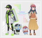  1boy 1girl backpack bag bangs baseball_cap beanie black_hair black_headwear blue_eyes blush brown_bag closed_eyes closed_mouth clothed_pokemon coat cocoloco commentary_request dawn_(pokemon) earmuffs eyelashes gen_4_pokemon green_sweater hand_up hat hatted_pokemon long_hair lucas_(pokemon) mittens open_mouth pantyhose piplup pleated_skirt pokemon pokemon_(creature) pokemon_(game) pokemon_bdsp red_mittens ribbed_sweater shinx shoes short_hair skirt smile standing sweater winter_clothes zipper zipper_pull_tab 