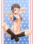  1girl american_flag_background american_flag_bikini armpit_peek bikini blush boots bottomless breasts brown_eyes brown_hair bubble_blowing collarbone covered_nipples crossed_legs flag_print freckles girls_und_panzer groin large_breasts looking_at_viewer naomi_(girls_und_panzer) navel one_eye_closed oosaka_kanagawa pointing pointing_at_viewer shiny shiny_hair short_hair simple_background solo swimsuit 
