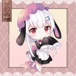  1girl animal_ears apron chibi chucolala eyebrows_visible_through_hair hair_ornament komori_chiyu long_hair looking_at_viewer maid maid_apron maid_headdress red_eyes shiro_kuma_shake silver_hair smile solo virtual_youtuber 