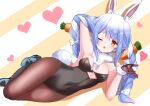  1girl ;d absurdres animal_ear_fluff animal_ears bare_shoulders black_leotard blue_hair blush bow braid brown_eyes brown_gloves brown_legwear carrot_hair_ornament commentary_request covered_navel diagonal_stripes don-chan_(usada_pekora) food-themed_hair_ornament fur-trimmed_gloves fur_trim gloves hair_bow hair_ornament hand_up heart highres hololive leotard long_hair lying multicolored_hair on_side one_eye_closed open_mouth pantyhose rabbit_ears rabbit_girl rabbit_tail shibakame shoes smile strapless strapless_leotard striped striped_background tail twin_braids twintails two-tone_hair usada_pekora very_long_hair virtual_youtuber white_bow white_footwear white_hair 