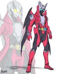  1boy adapted_costume alternate_costume armor belt blue_eyes commentary crossover dante_(devil_may_cry) devil_may_cry_(series) devil_may_cry_3 devil_trigger helmet highres kamen_rider mask rider_belt sketch to_ze transformation weapon 