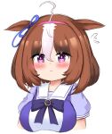  1girl :&lt; ahoge animal_ears bailingxiao_jiu blue_shirt blush breasts brown_hair closed_mouth commentary_request flying_sweatdrops hairband highres horse_ears looking_at_viewer medium_breasts meisho_doto_(umamusume) multicolored_hair pink_hairband puffy_short_sleeves puffy_sleeves purple_eyes school_uniform shirt short_sleeves simple_background solo streaked_hair tracen_school_uniform umamusume upper_body white_background white_hair 