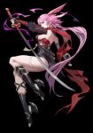  1girl absurdres animal_ears armor back bangs black_background breasts capray dual_wielding earrings fox_ears full_body hair_between_eyes highres holding holding_weapon honkai_(series) honkai_impact_3rd japanese_armor jewelry katana long_hair looking_at_viewer ninja pink_hair purple_eyes scarf sideboob simple_background solo sword weapon yae_kasumi yae_sakura yae_sakura_(darkbolt_jonin) 