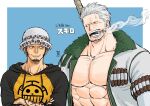  2boys abs bara beard black_hair black_hoodie cigar coat crossed_arms facial_hair goatee hood hood_down hoodie jaguar_print kokorozashi large_pectorals long_sideburns looking_at_another male_cleavage male_focus mature_male multiple_boys muscular muscular_male one_piece open_clothes open_coat pectorals short_hair sideburns smile smoker_(one_piece) smoking stomach stubble trafalgar_law unzipped upper_body white_hair white_headwear winter_clothes 