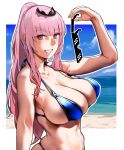 1girl bakkanki beach bikini blue_bikini blush breasts cleavage collarbone crown deal_with_it eyebrows_visible_through_hair eyewear_removed grin highres hololive hololive_english long_hair looking_at_viewer mori_calliope navel ocean outline pink_eyes pink_hair ponytail smile solo sunglasses swimsuit virtual_youtuber wet white_outline 