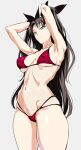  1girl armpits arms_up bikini breasts brown_hair covered_nipples fate/stay_night fate_(series) green_eyes long_hair medium_breasts revision shino_(comic_penguin_club) shiny shiny_skin solo standing swimsuit tohsaka_rin two_side_up very_long_hair 