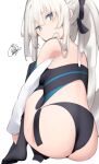  1girl ass bangs beni_shake black_bow black_legwear black_leotard bow braid closed_mouth commentary_request eyebrows_visible_through_hair fate/grand_order fate_(series) from_behind grey_eyes hair_between_eyes hair_bow hugging_own_legs knees_up leotard long_hair looking_at_viewer looking_back morgan_le_fay_(fate) no_shoes ponytail signature simple_background sitting solo thighhighs very_long_hair white_background white_hair 