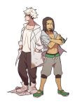  2boys bespectacled black_hair brown_hair brown_pants capri_pants collarbone commentary facial_hair glasses goatee green_footwear guzma_(pokemon) hood hooded_jacket jacket kukui_(pokemon) labcoat looking_at_viewer male_focus medium_hair multicolored_hair multiple_boys open_clothes open_jacket pants parted_lips pokemon pokemon_(game) pokemon_sm shirt shoes short_sleeves smile ssalbulre standing two-tone_hair undercut white_hair white_shirt 