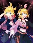  1boy 1girl bangs belt black_background black_pants black_shirt blonde_hair blue_eyes blue_shirt bow collar commentary cowboy_shot crop_top grin hair_bow hair_ornament hairclip hand_on_headphones headphones headset kagamine_len kagamine_rin leg_up looking_at_viewer midriff navel outstretched_arms pants project_sekai shirt short_hair short_ponytail smile spiked_hair standing swept_bangs two-tone_bow two-tone_shirt vest vocaloid yukara_(loiroio) 
