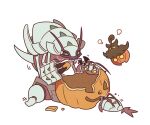  :&lt; closed_mouth commentary eating fangs fangs_out gen_6_pokemon gen_7_pokemon golisopod pokemon pokemon_(creature) pumpkaboo pumpkin signature simple_background sitting ssalbulre white_background wimpod yellow_eyes 