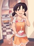  1girl absurdres apron birthday black_hair blender blue_eyes blush cake candle casual checkered checkered_floor cherry collarbone commentary commission cooking cowboy_shot english_commentary english_text food food_on_face fruit girls_und_panzer heart highres indoors kitchen looking_at_viewer nico_jiang nina_(girls_und_panzer) one_eye_closed oven sack shadow short_hair short_twintails shorts shorts_rolled_up solo sweatdrop twintails wooden_floor 