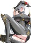  1girl arm_up ass black_panties blush breasts detached_sleeves grey_legwear large_breasts long_hair looking_at_viewer panties photoshop_(medium) red_eyes revision selvaria_bles senjou_no_valkyria_(series) senjou_no_valkyria_1 sheath shino_(comic_penguin_club) silver_hair solo sweat thighhighs underwear unsheathing very_long_hair weapon white_background 