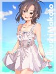  1girl :d antenna_hair atto_(pm_re0) bangs bare_shoulders belt black_hair blue_background blue_sky bow breasts brown_eyes character_name cleavage clothes_lift collarbone commentary curtsey dress dress_lift floating_hair frilled_dress frills gradient gradient_background hair_between_eyes head_tilt idolmaster idolmaster_(classic) jewelry kikuchi_makoto lace_trim lifted_by_self light_blush looking_ahead necklace open_mouth outside_border romaji_text short_hair sky smile solo sundress waist_bow white_belt white_bow wristband 