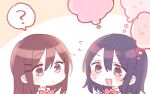  2girls :d ? absurdres adachi_sakura adachi_to_shimamura bangs black_hair blush bow brown_background brown_hair censored closed_mouth eyebrows_visible_through_hair flying_sweatdrops grey_eyes hair_between_eyes heart highres long_hair mosaic_censoring multiple_girls open_mouth portrait purple_eyes red_bow shimamura_hougetsu smile sorimachi-doufu spoken_question_mark thought_bubble two-tone_background white_background 