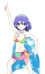  1girl absurdres adapted_costume arm_up bag bangs bikini blush breasts cape cleavage closed_mouth feet_out_of_frame groin hair_between_eyes hairband highres large_breasts looking_at_viewer medium_hair navel pointing pointing_down pointing_up purple_eyes purple_hair rainbow_gradient remomon_(sdnn8578) simple_background smile solo standing swimsuit tenkyuu_chimata touhou v-shaped_eyebrows white_background white_cape 